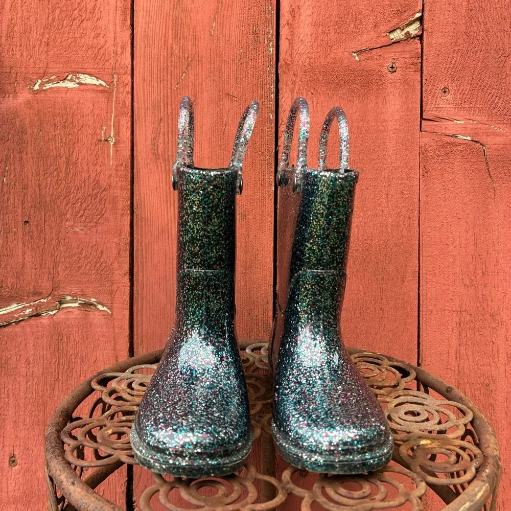 Western Chief Kids Rain Boots Black Silver Jelly Waterproof Glitter 6T EU22
